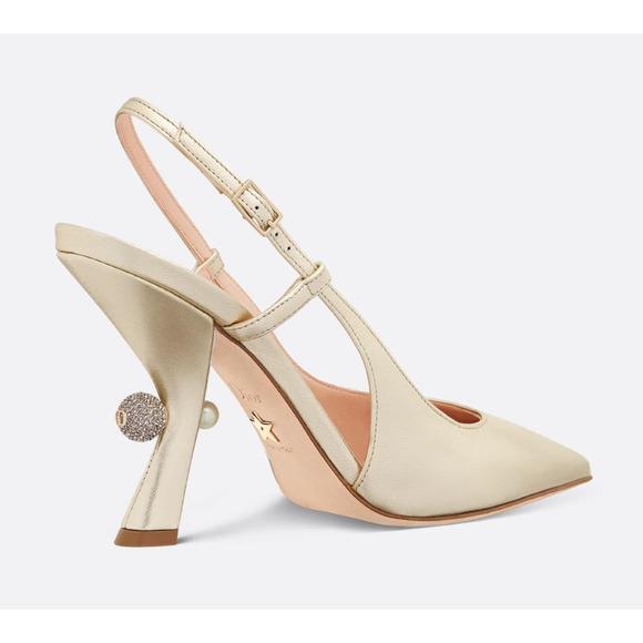 Dior Tribales Jadior Pale Gold Laminated Leather Slingback Sandal Heel Pump 37.5 - Picture 9 of 16